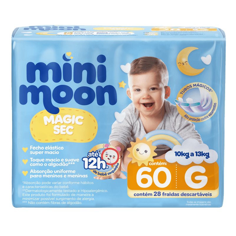 Mini Moon Fralda Infantil Tubos Mágicos 12h Hipoalergênica Magic Sec Mega G 60un